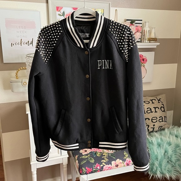 PINK Victoria's Secret Jackets & Blazers - Victoria's Secret PINK black studded letterman snap jacket size large